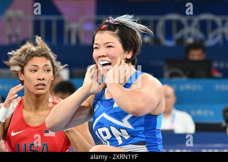 Kennedy Alexis BLADES (USA) gegen CAGAMI Yuka (JPN) Japan, Wrestling Men's Freestyle 76kg Finale bei Champ Mars, während der Olympischen Spiele 2024 in Paris, 11. August 2024, Paris, Frankreich. Quelle: Enrico Calderoni/AFLO SPORT/Alamy Live News Stockfoto