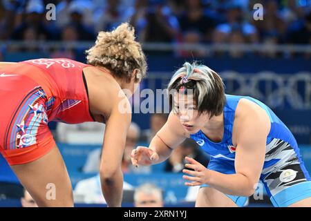 Kennedy Alexis BLADES (USA) gegen CAGAMI Yuka (JPN) Japan, Wrestling Men's Freestyle 76kg Finale bei Champ Mars, während der Olympischen Spiele 2024 in Paris, 11. August 2024, Paris, Frankreich. Quelle: Enrico Calderoni/AFLO SPORT/Alamy Live News Stockfoto