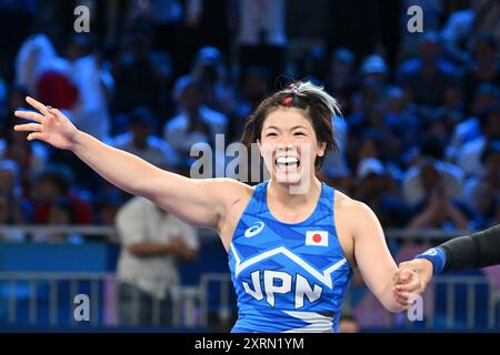 Kennedy Alexis BLADES (USA) gegen CAGAMI Yuka (JPN) Japan, Wrestling Men's Freestyle 76kg Finale bei Champ Mars, während der Olympischen Spiele 2024 in Paris, 11. August 2024, Paris, Frankreich. Quelle: Enrico Calderoni/AFLO SPORT/Alamy Live News Stockfoto