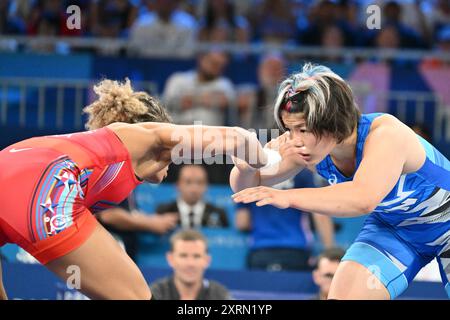 Kennedy Alexis BLADES (USA) gegen CAGAMI Yuka (JPN) Japan, Wrestling Men's Freestyle 76kg Finale bei Champ Mars, während der Olympischen Spiele 2024 in Paris, 11. August 2024, Paris, Frankreich. Quelle: Enrico Calderoni/AFLO SPORT/Alamy Live News Stockfoto