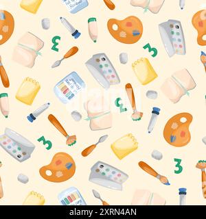 Kinderschule. Muster für Schulbedarf. Back-to-School-Konzept. Nahtloses Muster von Schulelementen. Stock Vektor