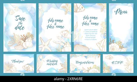Hochzeitseinladung am Strand. Sommer Meer Ozean Rahmen, Aquarell und goldene Fischkarte mit Perle, nautische Vorlage. Elegante Meereselemente, goldene Linien Stock Vektor