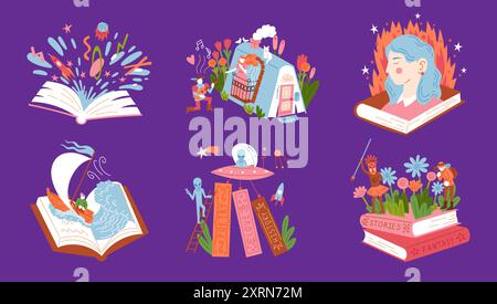 Menschen mit Büchern. Romane lesen. Frau, die Literatur in der Bibliothek studiert. Blumenwiese. Leser von Lehrbüchern. Fantasie-Geschichte. Märchenfiguren. Bildung Lernen. Schlafen Sie im Bett. Vektorflacher Satz Stock Vektor