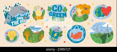 Grüne Energie. Recyceln Sie Aufkleber Natur retten Sie Leben. Grüne Erde. Umweltfreundliches Gesprächskonzept für Bio World Planet Technology. Sauberer Wald. Kümmern Sie sich um Meerwasser. Vector Cartoon Patches Set Stock Vektor