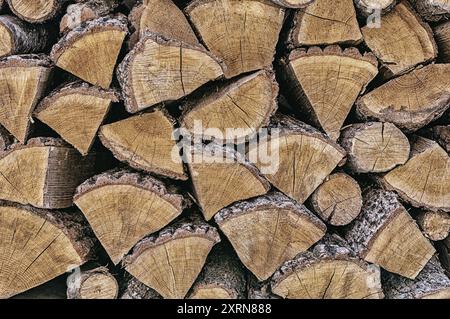 Сarefully angeordneter Stapel von Kaminholzstämmen, natürlicher Textur und Maserung, perfekt positioniert in einer rustikalen Umgebung, passend für die kommende Wintersaison. Stockfoto