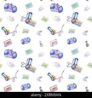 Kabelgebundene Kopfhörer, Audiokassette, Kassettenrekorder. Geräusche von Musik und Noten. Musikalisches nahtloses Muster im Y2K-Stil der 90er Jahre. Stockfoto