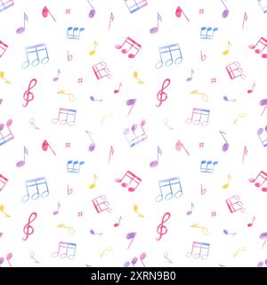 Fliegende farbige Musiknoten. Nahtloses Muster mit abstrakten Notizsymbolen. Internationaler Musiktag. Musikerziehung. Aquarellabbildung. Stockfoto