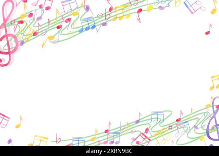 Lebendige Musikalische Grenze. Noten und Höhen auf dem Musikpersonal. Horizontaler Rahmen mit Kopierraum für Text. Internationaler Musiktag. Aquarell Stockfoto