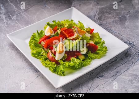 Gemüsesalat aus Tomaten, Gurken, Salat, rotem Pfeffer und Zwiebeln mit gekochten Eiern auf einem weißen Teller. Nahaufnahme. Hochwertige Fotos Stockfoto