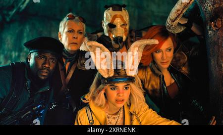 Borderlands (2024) von Eli Roth mit Kevin Hart als Roland, Jamie Lee Curtis als Tannis, Ariana Greenblatt als Tina, Florian Munteanu als Krieg und Cate Blanchett als Lilith. Ein Spielfilm auf der Grundlage des beliebten Videospiels auf dem verlassenen fiktiven Planeten Pandora, wo Menschen nach einem mysteriösen Relikt suchen. Werbung noch ***NUR REDAKTIONELLE VERWENDUNG***. Quelle: BFA/Lionsgate Stockfoto