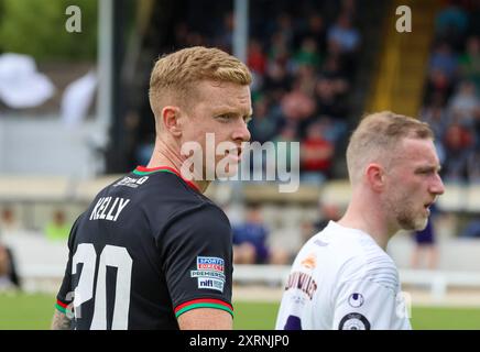 New Grosvenor Stadium, Lambeg, Nordirland, Großbritannien. August 2024. Für die Vorsaison geeignet – Lisburn Distillery V Glentoran. Der Glentoraner Fußballspieler Josh Kelly. Stockfoto