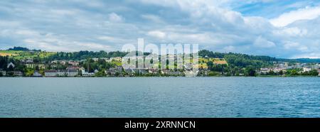 Wadenswil, Schweiz - 1. Juli 2024: Panoramablick auf Wadenswil am Zürichsee Stockfoto