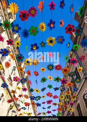 Festliche Sommerszene im Freien in Montlucon, Frankreich, mit bunten hängenden Blumen. Stockfoto