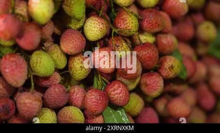 Reife Litschis, bereit zum Verkauf auf dem Markt. Lebhafte Farben und saftige süße Früchte. Litschi, Litchi Stockfoto