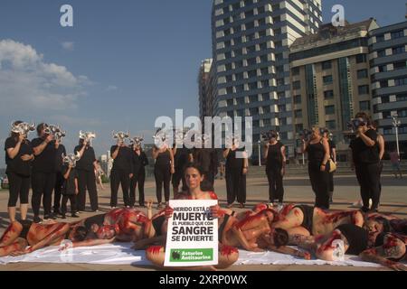 Asturien, Spanien. August 2024. Anti-Taurin-Leistung in Gijon Tage vor Beginn der Stierkämpfe in Bibio Bulls Place. (Kreditbild: © Mercedes Menendez/Pacific Press via ZUMA Press Wire) NUR REDAKTIONELLE VERWENDUNG! Nicht für kommerzielle ZWECKE! Stockfoto