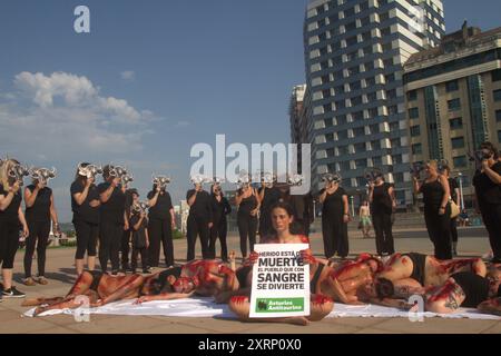 Asturien, Spanien. August 2024. Anti-Taurin-Leistung in Gijon Tage vor Beginn der Stierkämpfe in Bibio Bulls Place. (Kreditbild: © Mercedes Menendez/Pacific Press via ZUMA Press Wire) NUR REDAKTIONELLE VERWENDUNG! Nicht für kommerzielle ZWECKE! Stockfoto