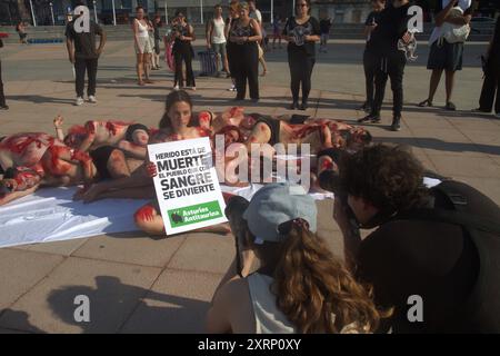 Asturien, Spanien. August 2024. Anti-Taurin-Leistung in Gijon Tage vor Beginn der Stierkämpfe in Bibio Bulls Place. (Kreditbild: © Mercedes Menendez/Pacific Press via ZUMA Press Wire) NUR REDAKTIONELLE VERWENDUNG! Nicht für kommerzielle ZWECKE! Stockfoto