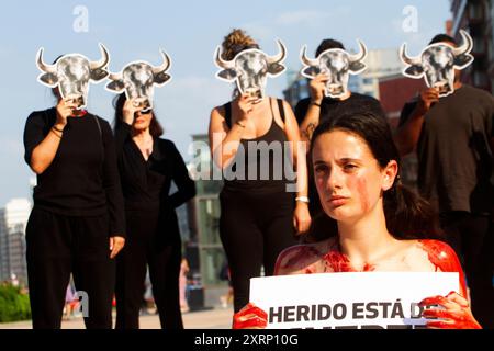 Asturien, Spanien. August 2024. Anti-Taurin-Leistung in Gijon Tage vor Beginn der Stierkämpfe in Bibio Bulls Place. (Kreditbild: © Mercedes Menendez/Pacific Press via ZUMA Press Wire) NUR REDAKTIONELLE VERWENDUNG! Nicht für kommerzielle ZWECKE! Stockfoto