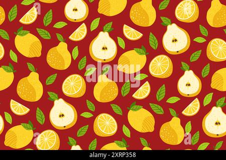 Birnen und geschnittene Zitronen nahtloses Muster. Hand gezeichnete Zitrusfrüchte, Birnen und die Hälfte der Birnen Frucht grenzenloser Hintergrund. Früchte endloses Design für Papierdruck Stoff Textil, Verpackung, Hintergrund Vektor Vorlage Stock Vektor
