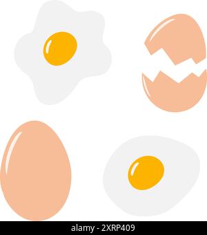 Ganze Reihe, Eierschale und Spiegeleier mit Eigelb, 4 Stück isoliert. Kulinarische Karte, Werbeelemente. Vektor-Illustration Flyer, Poster, Banner, Broschüren, Preisschild, Faltblatt, Etikett oder Web, Icon-Idee Stock Vektor