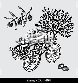 Olivenzweige, Baum, Erntewagen, Sack mit Früchten. Vektorabbildung im Grafikstil. Für Öletiketten, Kosmetik, Banner, Karten, Poster, Flyer. Stock Vektor