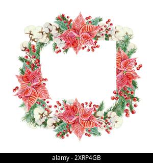 Poinsettienrahmen, quadratisch. Tannenzweige, Baumwolle, Beeren. Weihnachtsblumen und -Blätter. Aquarellabbildung. Neujahrskarten, Einladungen, Etiketten. Stockfoto