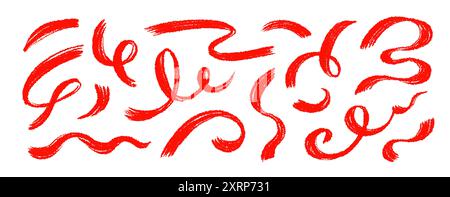 Pinselstrichstrich-Farbset. Handgezeichnete Doodle Swirl Wellenbürste lockiger Kohlestrich. Linien- und handgezeichnete Kalligraphieelemente mit kreiseliger Farbe. Vektorabbildung. Stock Vektor
