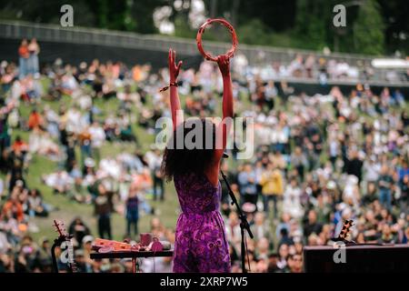 San Francisco, USA. August 2024. Corinne Bailey Rae tritt auf der Sutro-Bühne während des Outside Lands 2024 Music and Arts Festivals auf, das am 11. August 2024 im Golden Gate Bridge Park in San Francisco stattfindet. (Foto von Alive Coverage/SIPA USA) Credit: SIPA USA/Alamy Live News Stockfoto