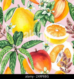 Tropische Früchte in Wasserfarben. Handgezeichnetes Mango- und Pomelo-Muster. Nahtloses Aquarellmuster mit tropischen Pflanzen für die Gestaltung von Lebensmitteln, Textilien, Stockfoto