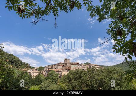 Blick auf die Landschaft des alten St. Martial Dorfes im Nationalpark Cevennen, UNESCO-Weltkulturerbe, eingerahmt von Bäumen, Gard, Frankreich Stockfoto