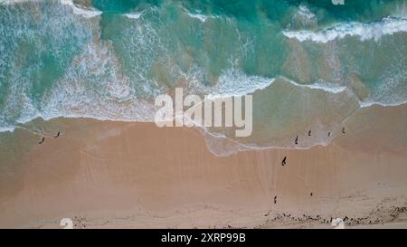 Ein atemberaubender Blick aus der Luft auf einen unberührten Strand in der Dominikanischen Republik, mit türkisfarbenen Wellen, die auf weichen goldenen Sand stürzen. Stockfoto