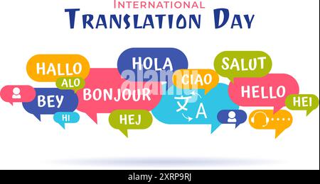 Illustration zum Weltübersetzer- oder Übersetzungstag mit Hallo-Grüßen in verschiedenen Ländern und mehrsprachiger internationaler Kommunikation Stock Vektor
