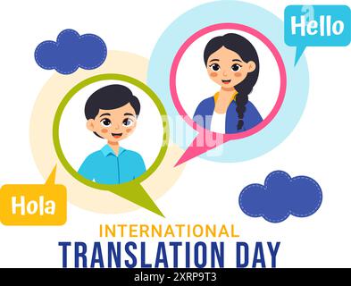 Illustration zum Weltübersetzer- oder Übersetzungstag mit Hallo-Grüßen in verschiedenen Ländern und mehrsprachiger internationaler Kommunikation Stock Vektor