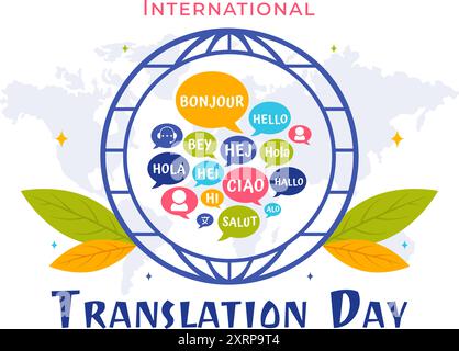 Illustration zum Weltübersetzer- oder Übersetzungstag mit Hallo-Grüßen in verschiedenen Ländern und mehrsprachiger internationaler Kommunikation Stock Vektor