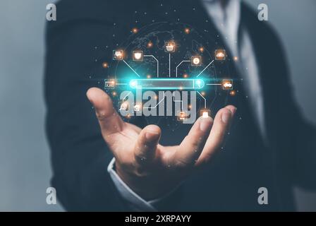 Suche mit AI Assistant; SEO Search Engine Optimization Concept. KI-SEO-Symbole auf Websites, um Suchmaschinen zu bewerten oder SEO durchzuführen. Auf dem Bildschirm suchen. Ar Stockfoto