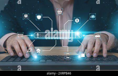 Suche mit AI Assistant; SEO Search Engine Optimization Concept. KI-SEO-Symbole auf Websites, um Suchmaschinen zu bewerten oder SEO durchzuführen. Auf dem Bildschirm suchen. Ar Stockfoto