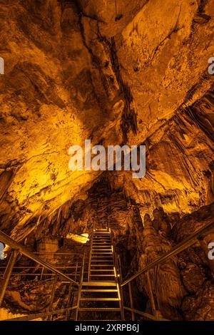 Die DamlataÅü Höhle in der Nähe von Alanya die ca. 11 km von Alanya entfernte Höhle befindet sich auf dem westlichen Abhang des Cebeli Reis Berges, 232 m über dem Meeresspiegel. Die 360m lange und 10-15m breite Höhle besteht aus vier Galerien. In der Höhle finden sich zahlreiche Stalaktite- Stalagmite- und Travertinebildungen. Am Höhlenende befindet sich ein kleiner See mit einer Fläche von ca. 200 Quadratmetern. Alanya Antalya Türkei *** die DamlataÅü-Höhle bei Alanya die Höhle befindet sich etwa 11 km von Alanya entfernt am Westhang des Berges Cebeli Reis, 232 m über dem Meeresspiegel der 360 m langen A Stockfoto