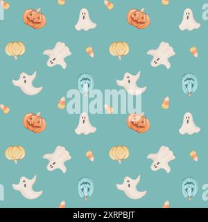 Nahtloses Muster mit Halloween-Kürbissen, Süßigkeiten und Geist Stockfoto