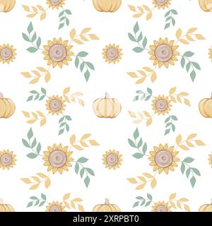 Nahtloses Muster mit Sonnenblumen, Kürbissen und Blättern Stockfoto