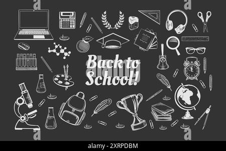 Banner zurück zur Schule. Skizzenzeichnung mit Kreide auf einer schwarzen Tafel. Schulsachen, Schreibwaren. Rechteckige Komposition mit Kopierraum in c Stock Vektor