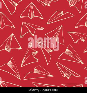 Nahtloses Muster von Papierflugzeugen, die von Hand im Skizzenstil gezeichnet wurden. Vor dem roten Hintergrund einer Tafel. Vektorabbildung Stock Vektor