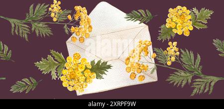 Blau-braune gelbe Blumen und offener Umschlag nahtlose Grenze mit Aquarell auf Aubergine Hintergrund. Handgemalte Illustration, ideal für Aufkleber und Pakete Stockfoto