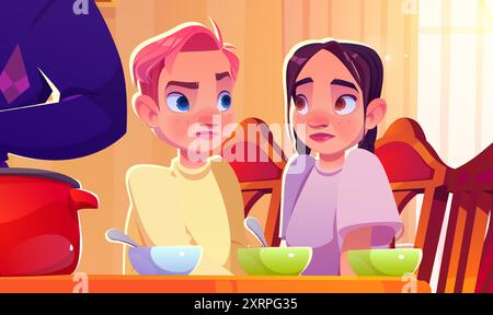 Verängstigte und verwirrte Teenager-Junge und Mädchen sitzen an einem Holztisch mit Essen in Schüsseln und Löffeln im Zimmer. Cartoon-Vektor-Illustration von ängstlichen Teenagern. Kinder mit ängstlichem Ausdruck. Stock Vektor