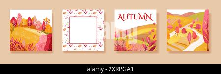 Stellen Sie das Herbstposter handgezeichnet auf. Bäume im Wald in der Nähe der Rodung. Rahmen mit Anlagenmuster. Drucken Sie auf dem Umschlag eines Notizbuchs, Notizbuchs oder Tapeten. Vektor Stock Vektor