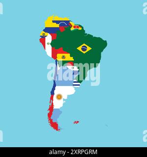 südamerika-Karte mit Flaggenvektor Stock Vektor