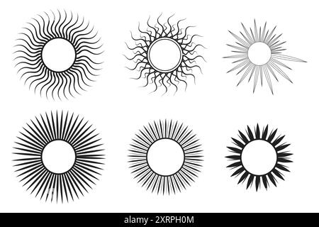 Set mit Symbolen zum Sonnenschein. Sunburst-Symbol isoliert auf weißem Hintergrund. Stock Vektor