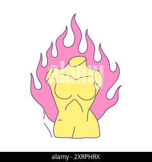 Y2K griechische Frau Körper Skulptur vibrierende Flamme Feuer zeitgenössische Pop Art Icon Vektor flache Illustration. Antike römische historische weibliche Göttin Gipsum m Stock Vektor