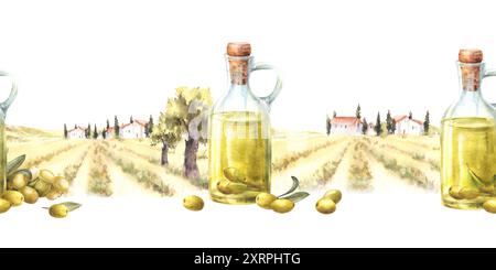 Olivenöl in Glasflasche vor der ländlichen Bauernlandschaft nahtlose Grenze, Muster. Aquarell bemalt Olivenbaum Ernte. Lebensmitteletikett mit Farm Stockfoto