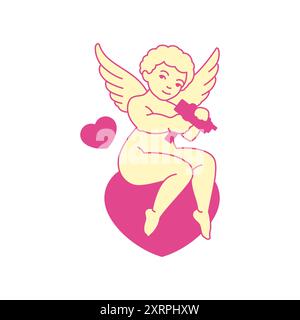 Y2K psychedelische Cupid mit Pistole sitzend auf Herz trendy groovy Icon Vektor flache Illustration. Süßer, kleiner, geflügelter Engel mit Handfeuerwaffe Valentinstag Stock Vektor