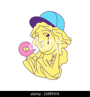 Y2K griechische Göttin Büste in Kappe schreiende verlorene Liebe zeitgenössische Pop Art Icon Vektor flache Illustration. Antike römische Mythologie Frau Gipsmonument fashi Stock Vektor